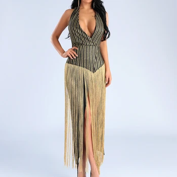 

Seamyla 2020 New Summer Celebrity Bandage Dress Sexy Sleeveless Gold Fringe Evening Party Dresses Halter Club Long Maxi Dress