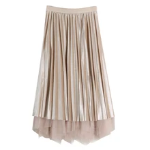 Осень-зима, новинка, высокая талия, макси юбки, тонкая бархатная сетчатая плиссированная юбка-пачка, металлическая Двусторонняя длинная юбка для женщин