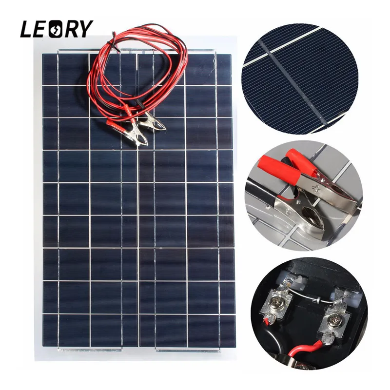 

LEORY 12V 30W PolyCrystalline Solar Panel With 4m Alligator Clip Wire DIY Solar Cells Battery Charger Multipurpose 540x350mm