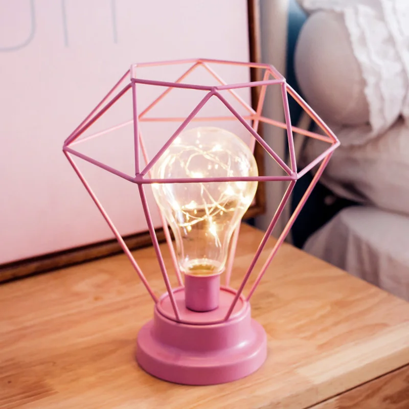LED Iron Diamond Night Lights Candle Lamp Bar Store Table Desk Bedside Decor Bulb Pink Black Wedding Holiday Fairy Romantic Gift (2)