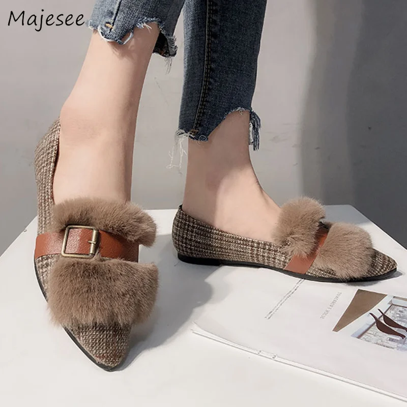 Flats Women Simple Elegant Retro Plaid Pointed Toe Flat with Shoes Outside Womens Winter Soft Plush Ladies All-match 2019 Trendy | Обувь