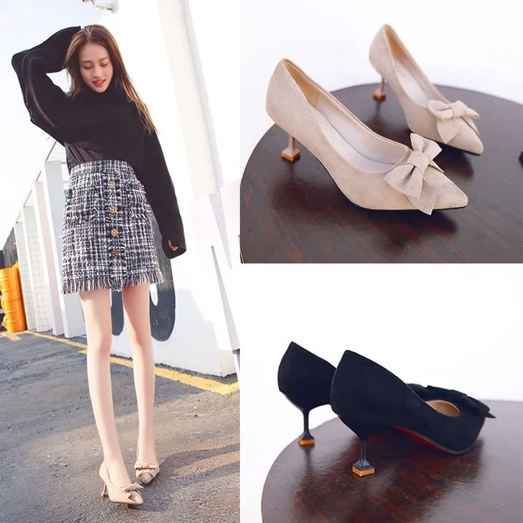 

2018 new stiletto heels pointed shallow mouth shoes suede sexy single shoes women.