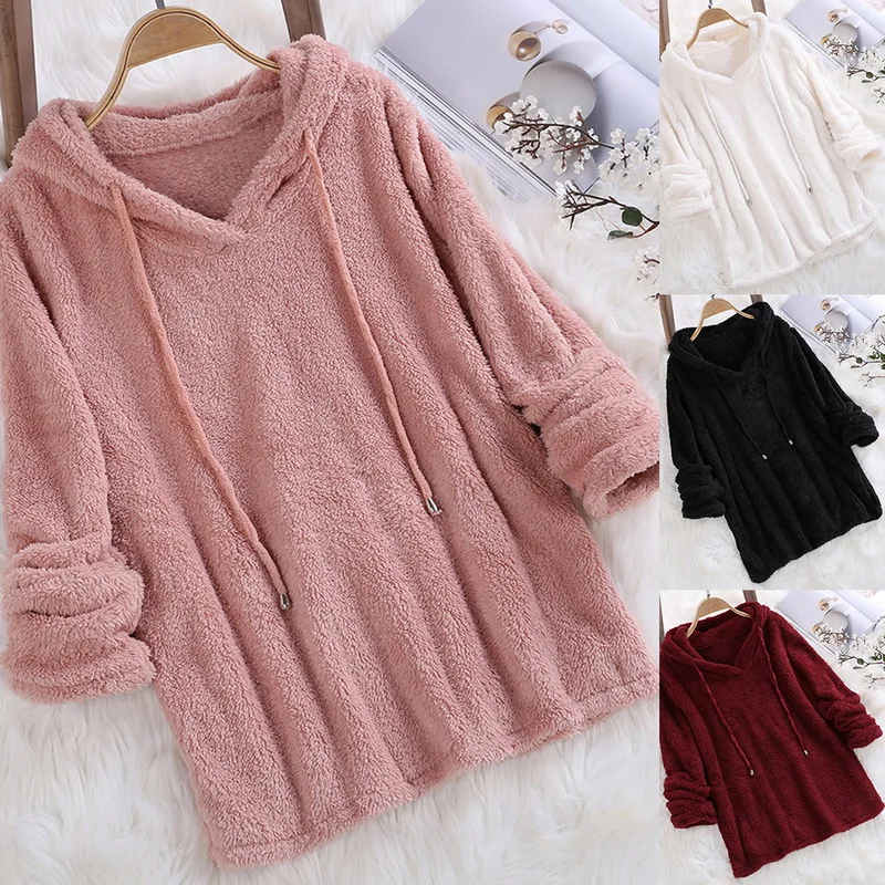 

Laamei 2019 New Autumn Fashion Women Hoodie Long sleeve Solid Fluffy Fleece Fur Outerwear Spring Warm Sweatshirt Coat Harajuku