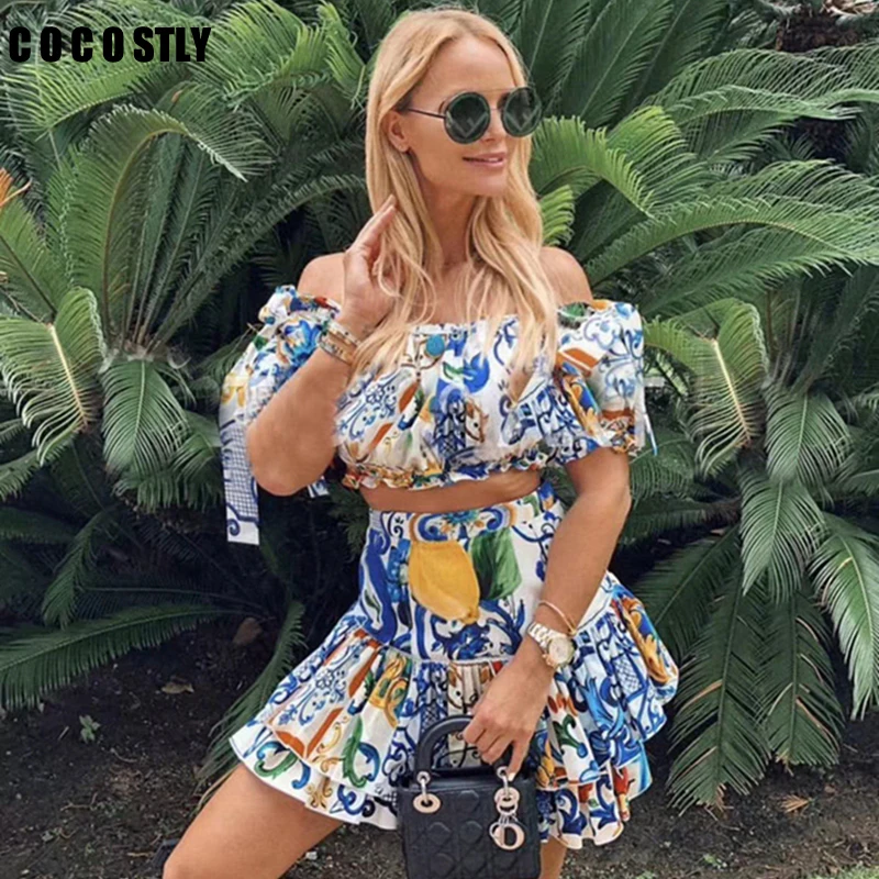 

Designer Runway Women 2 Piece Set Sweet Holiday High Waist Print Strap Cotton Blouse Tops Cake Skirt Mini Suit