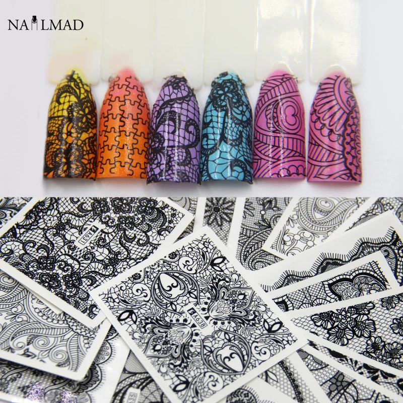 

24/48pcs Black Lace Nail Water Decals Mandala Nail Art Tattoo Decals Water Slide