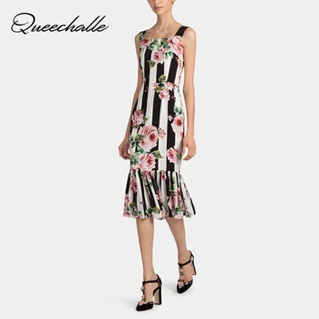 

Queechalle Rose Print Stripe Spaghetti Strap Sheath Mermaid Dress 2020 Summer Women Square Collar Sleeveless Bodycon Dress