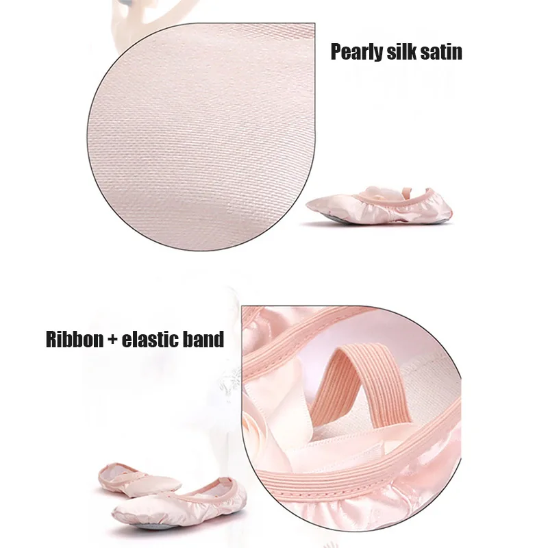 Children's and Adult Girls Ballet Dance Shoes Satin Gymnastics Flats Split Sole with Ribbon YH-17