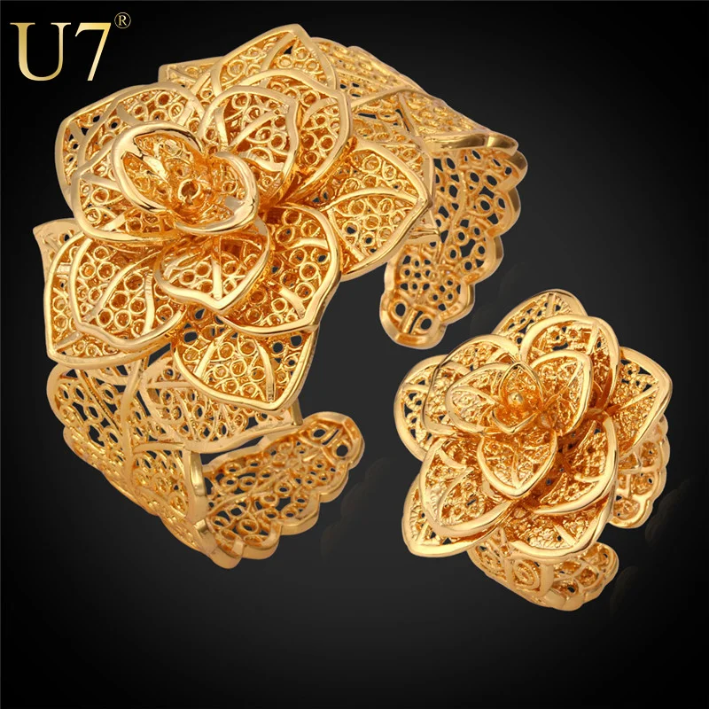 U7 Vintage Bracelet Ring Set Yellow Gold Plated Vintage Pattern Wholesale Exquisite Women Flower Jewelry Set