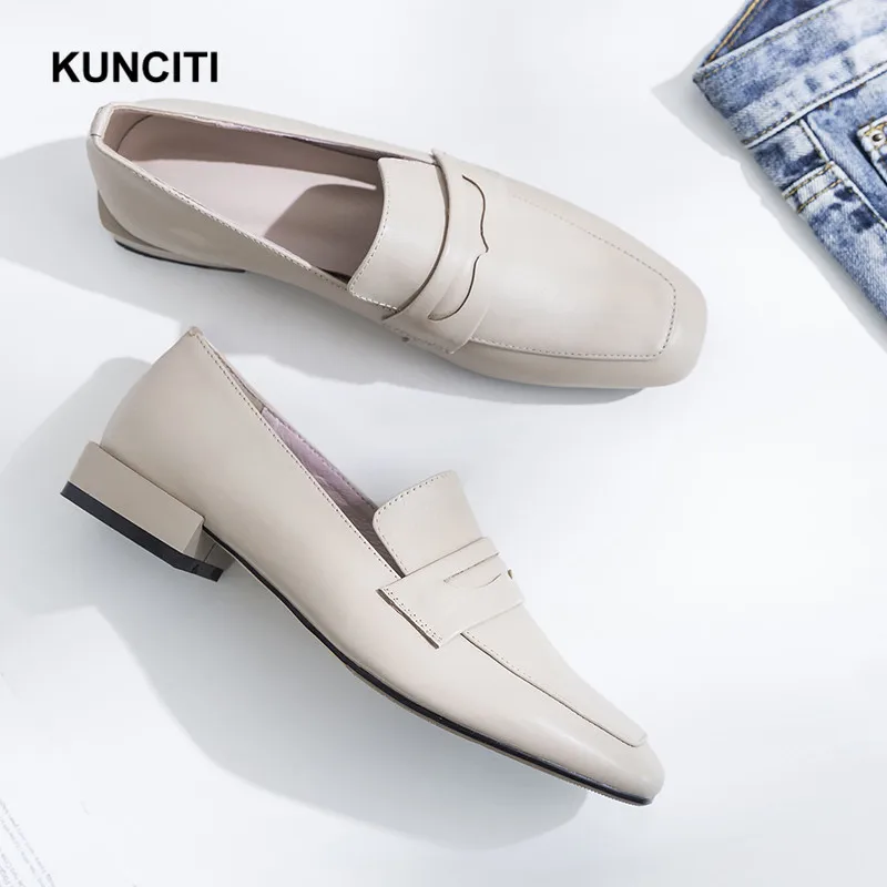 

Newest 2019 KUNCITI Genuine Leather Oxford Loafers Square Toe Women Flat Office Shoes Slip On Ladies Designer Moccasins F66