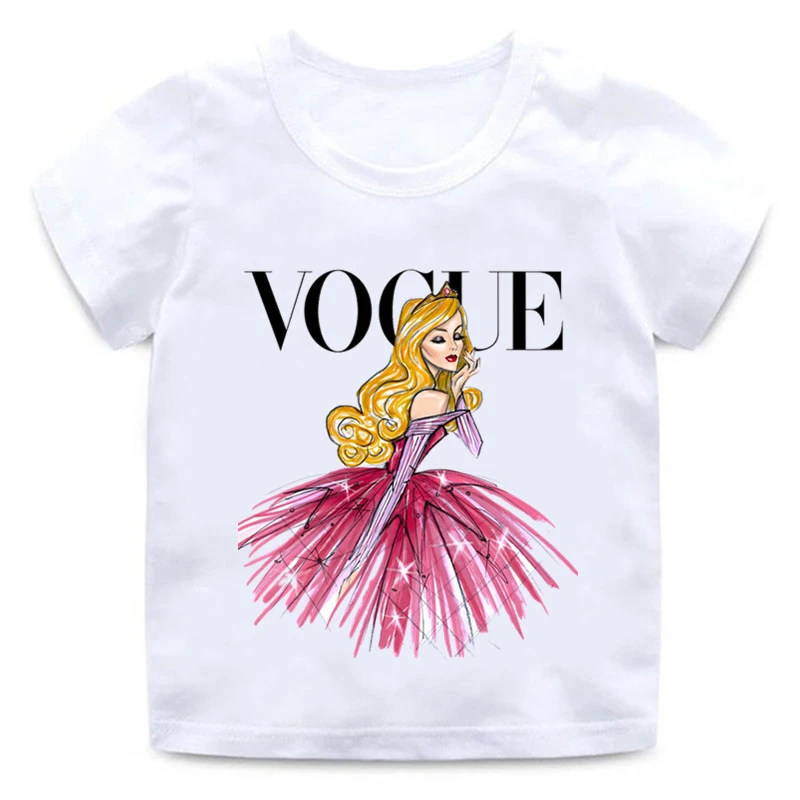 

VOGUE Princess Print Girls T shirt Cartoon Funny Casual Kids Clothes Summer White Baby T-shirt Kids Clothing CT-1901