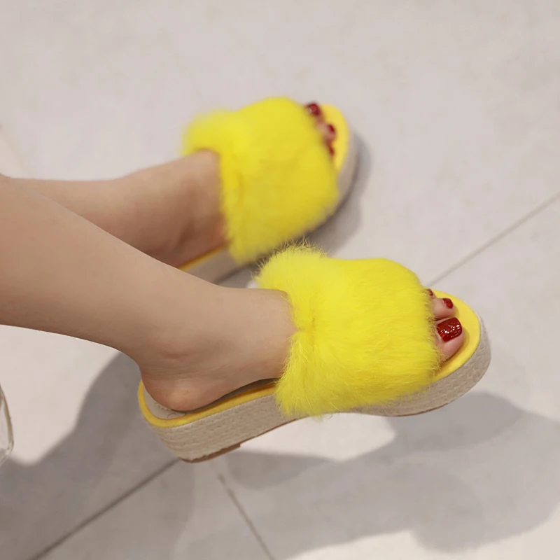 

Women Fur Feather Open Toe Wedges Slippers Slip On Multicolor Plush Platform Sandals Summer Outdoor/House Shoes Casual Slippers