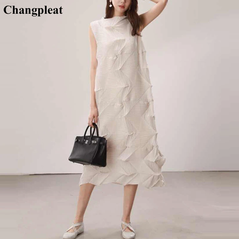 Changpleat 2019 Summer New Women loose sleeveless dress Miyak Pleated Fashion irregular Solid Large Size Female Dresses Tide D98,in Dresses from