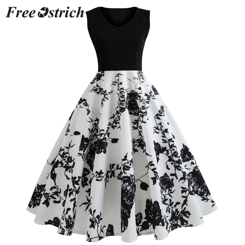 

Free Ostrich 2019 Women Vintage Printing Bodycon Sleeveless Casual Evening Party Prom Swing Dress Floral Print Black Dress