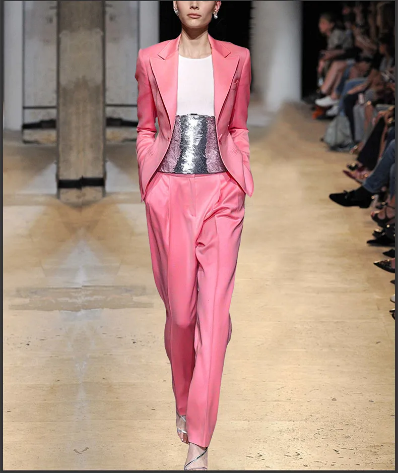 See Orange Pink Spring Notched Pant Suits Lady Two Piece Sets Women's