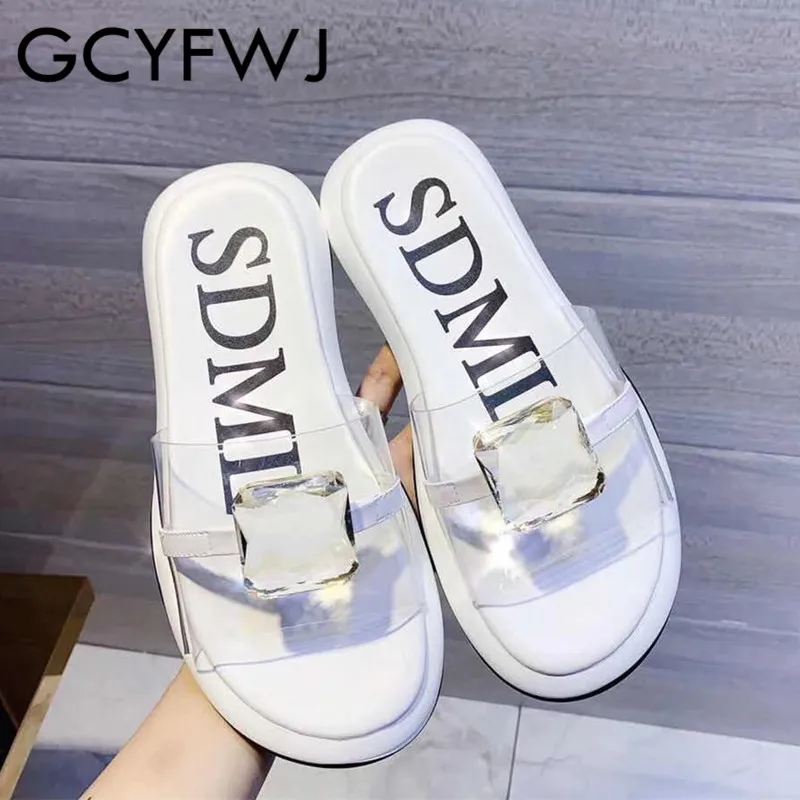 

GCYFWJ Slippers Female 2019 Summer Transparent Rhinestone Outdoor Tide Slippers Women Fashion Square Toe Flat Casual Slippers