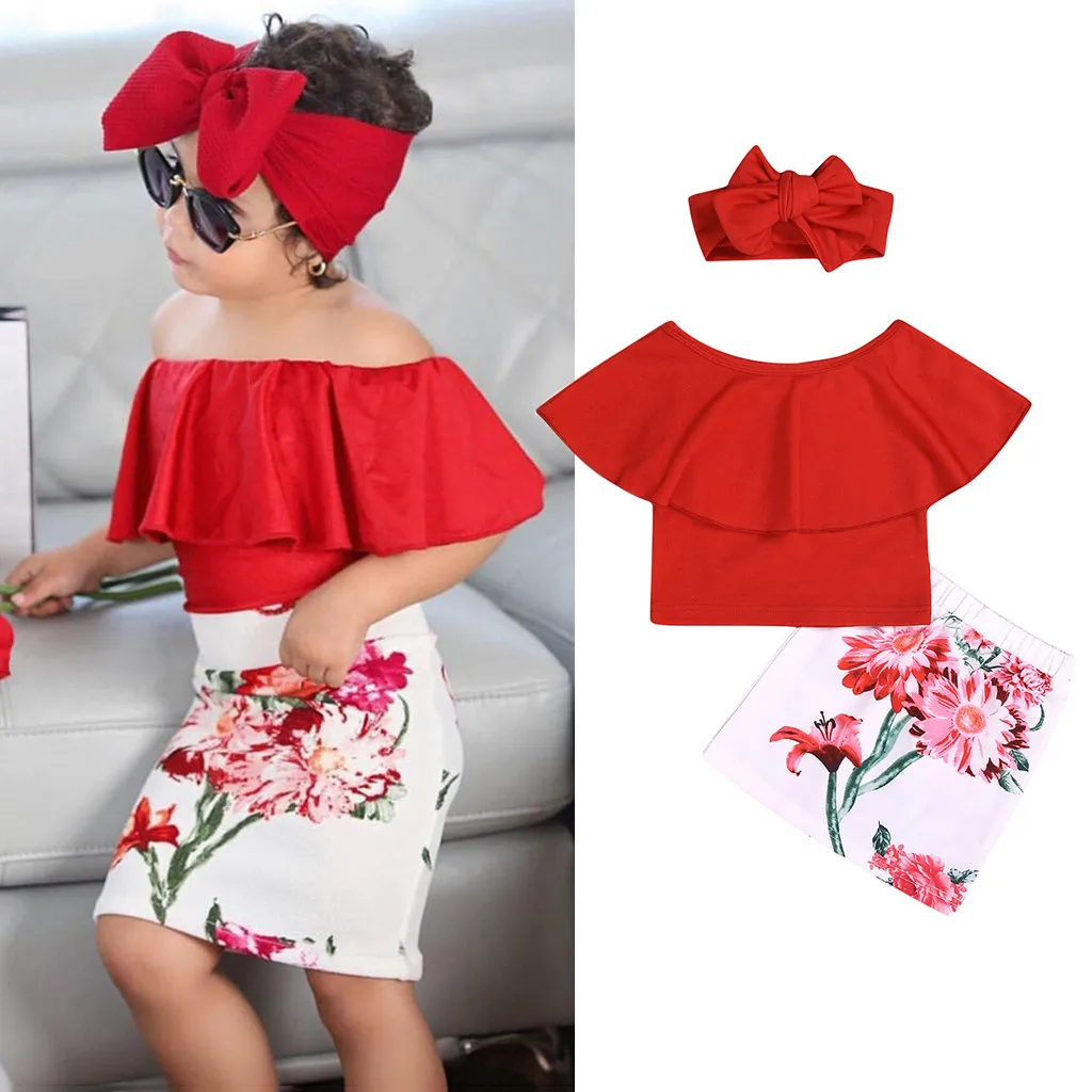 

MUQGEW Newborn Clothes Ruffles Off Shoulder Shirt Top Flower Skirt Set Toddler Kids Baby Girl Outfits Clothes Roupas Bebe Menino