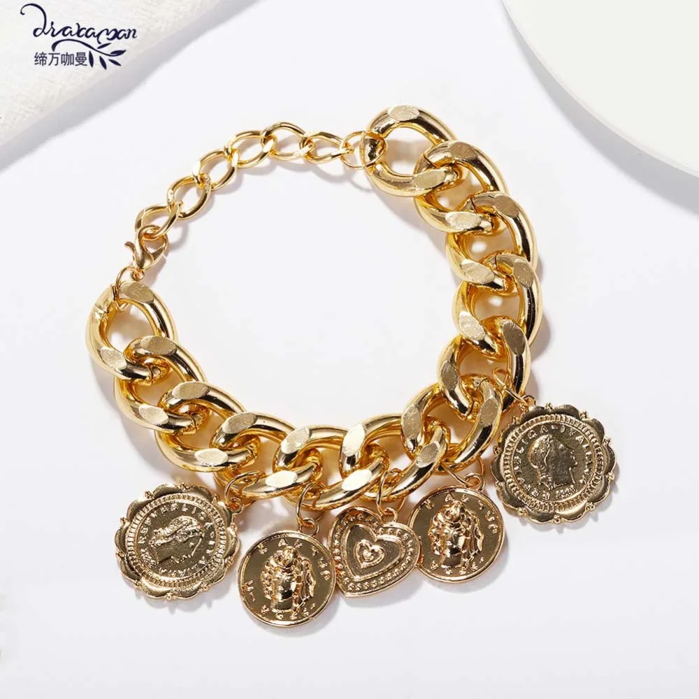 Dvacaman монета золотого цвета сердце Шарм браслет для женщин Boho панк Макси металлический браслет для девушек вечерние аксессуары для рук B101