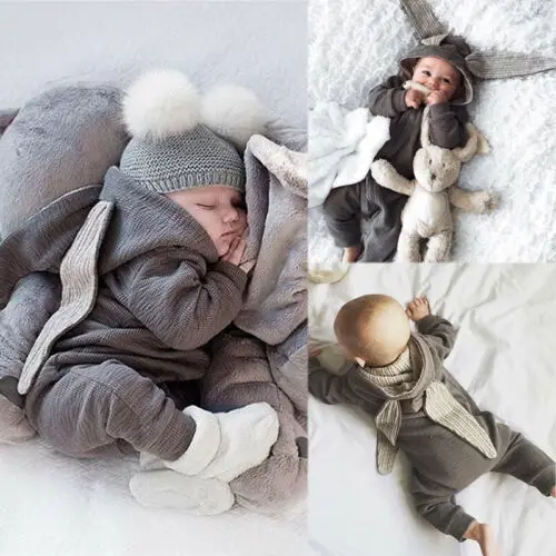  Baby Boy Girl Toddler Rabbit Ear Hoodie Romper Infant Warm Jumpsuit New