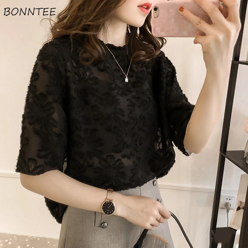 Shirts Women Lace Chic Elegant Top All-match Chiffon Blouses Womens Plus Size Korean Ladies Short Sleeve Shirt Solid O-Neck Thin