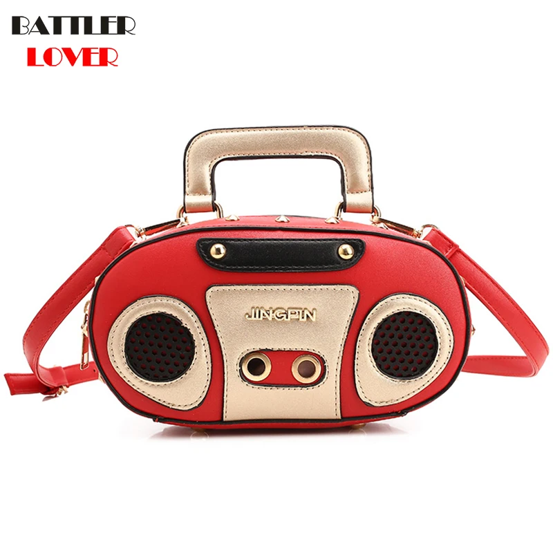 

BATTLERLOVER Rock Style Retro Radio Shape Handbags Women Shouder Bag PU Leather Womens Fashion Rivet Bag Korea Punk Tote Bag