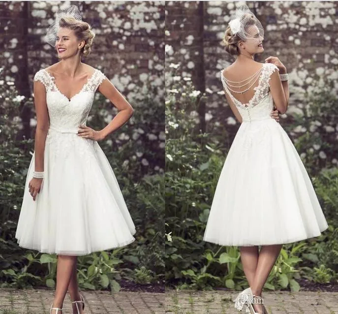 2017-elegant-tea-length-wedding-dresses-v-neck-cap-sleeves-appliques-lace-tulle-ball-gown-short-wedding-dresses_