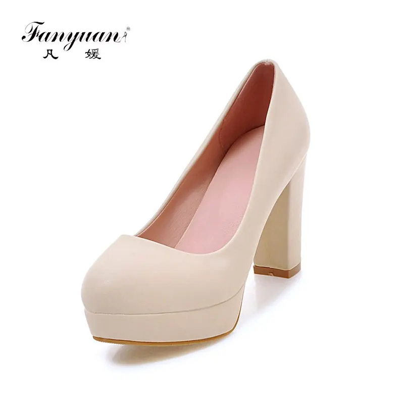 

Fanyuan 2019 Spring Autumn Elegant Beige Platform Pumps Shallow slip-on Shoes Woman Super High Chunky Heels OL Women Shoes