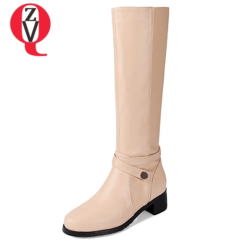 

ZVQ 2018 new concise leisure genuine leather shoes women round toe med square heel zipper two colors winter warm knee high boots