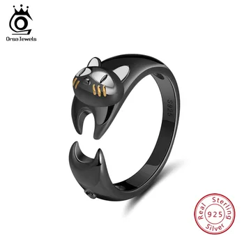 

ORSA JEWELS Genuine 925 Sterling Silver Women Rings Lovely Cat Shape Animal Ring Adjustable White Enamel Silver Jewelry OSR93