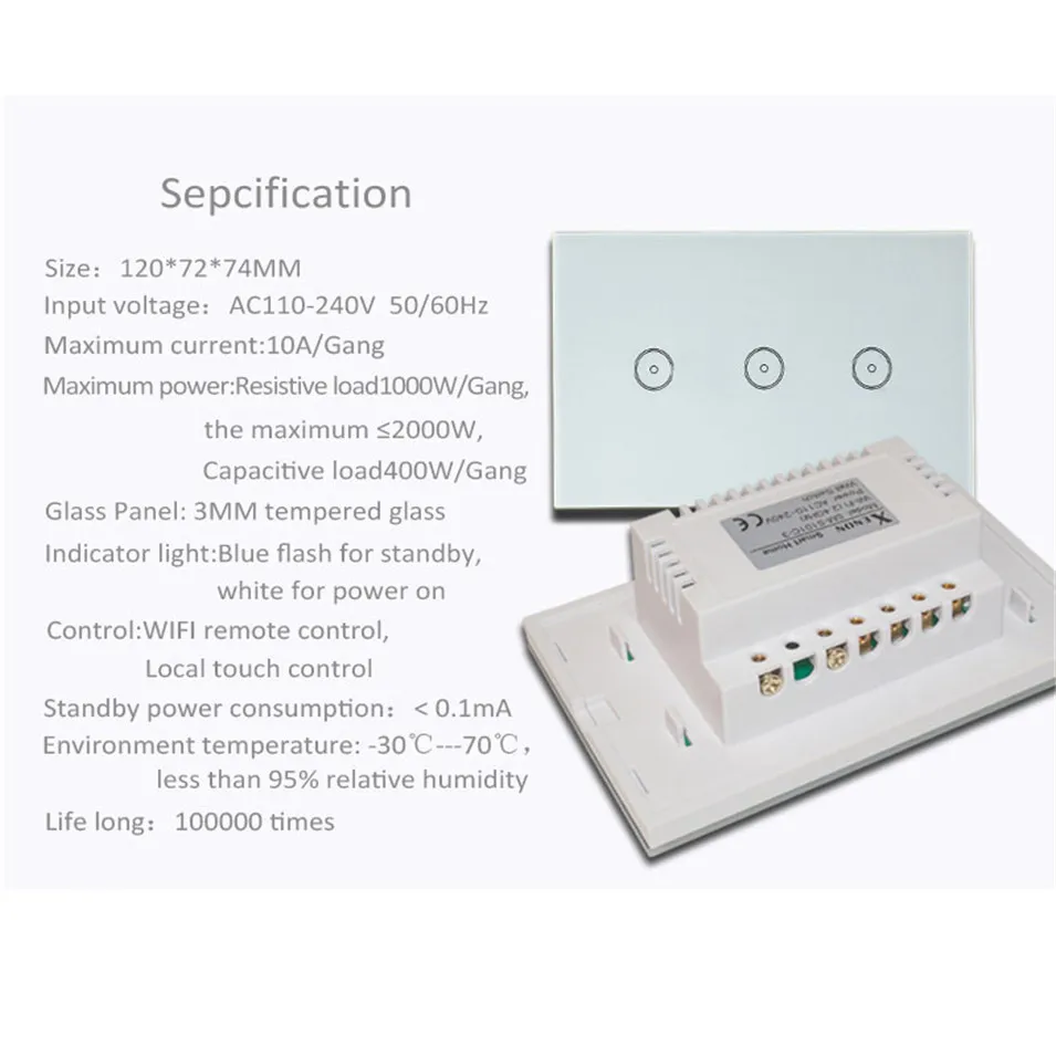 12---Wifi Smart Wall Light Switch US 3 Gang Tempered GlassTouch Panel Wireless Switch Wifi Remote Lamps ONOFF with Amazon Alexa