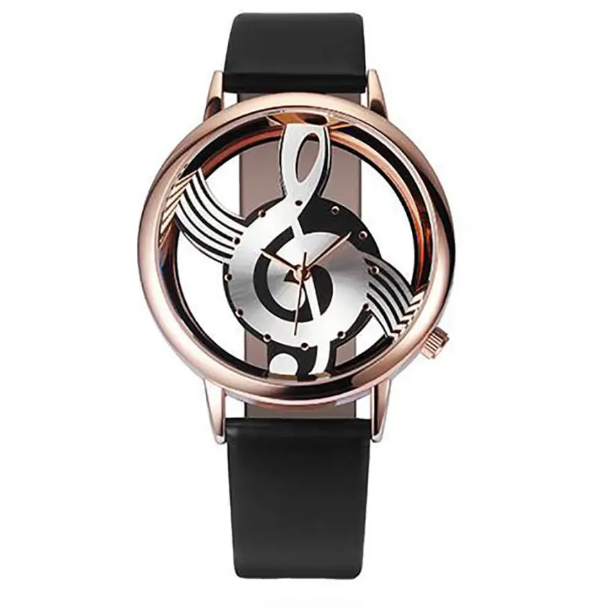

Fashion Lady Quartz Analog Life Waterproof Alloy Watch Musical Symbol Leather Analog Quartz Watch Hollow Rose Gold 50P