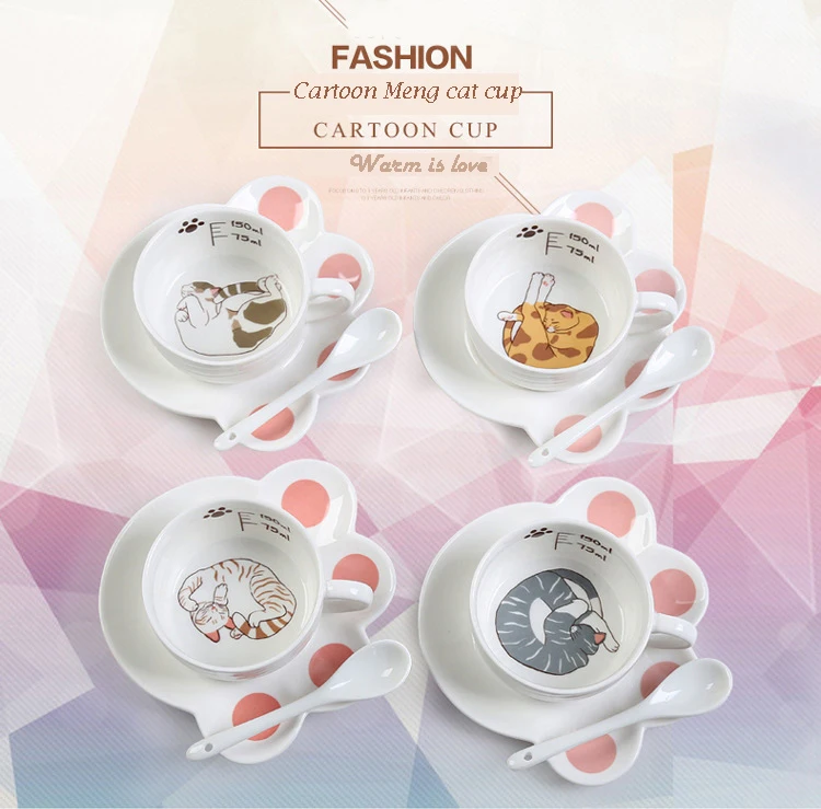 Cartoon Cute Cat Mug Cup Set Creative Milk Tea Drink Breakfast Ceramic Cups Plates Coffee Animal Cup Heat-resistant Lovely Gift (5)