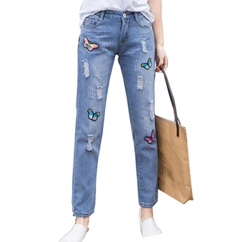 

Plus Size Womens Ripped Jeans Fashion Boyfriend Jeans For Woman Hole Denim pants Embroidery butterfly Jeans 2018 New YM820