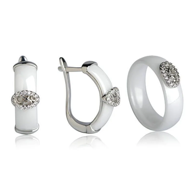 

PLKUET Exquisite ceramic copper earring ring set ladies black/white zircon set ladies dinner anniversary jewelry set