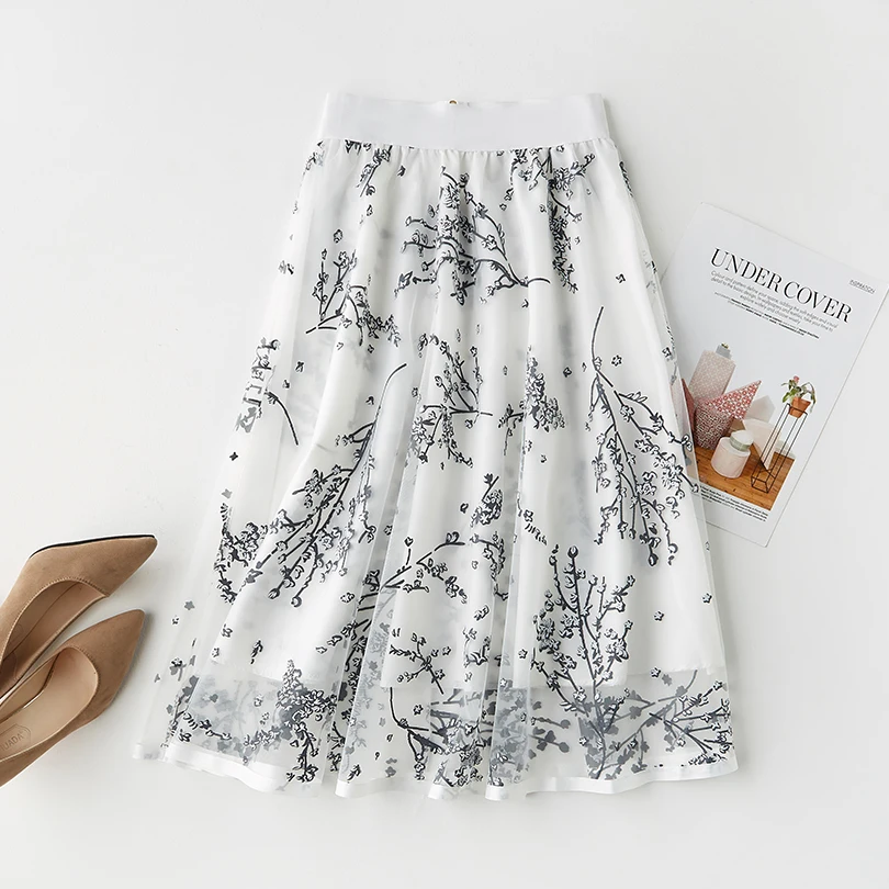 

2019 Summer Russian Hot New Women Lace Print Skirt Fairy Elegant Slim A-line High Waist Mesh Safety Pants Skirts 10 Tide Styles