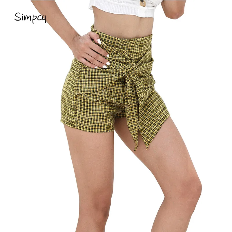 Hot Sale Yo-Ga Yellow Black Plaid Shorts Women's Casual Cotton Linen Loose Split Irregular Shorts Women's Short Elastic Waist 