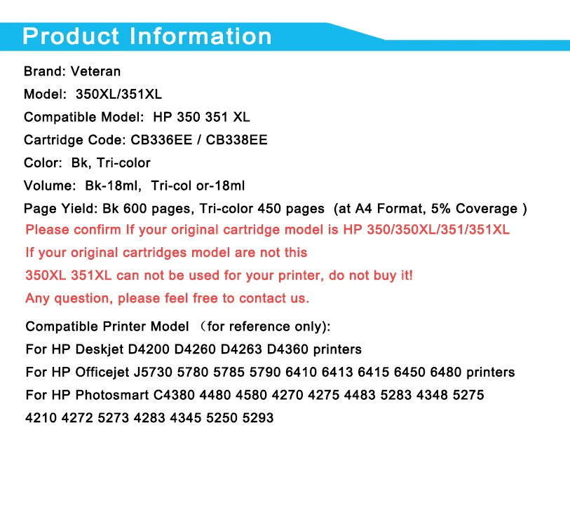 Ветеран 350XL 351XL сменный картридж для принтера для hp 350 351 hp 350 черный с чернилами hp Deskjet D4260 4260 D4360 C4200 5780 5785 5790 принтер