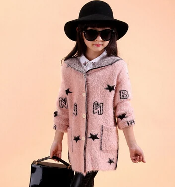 Новая осенняя и зимняя детская одежда кардиган свитера для девочек с рукавами вязаные из мохера с рисунками звездочек кардиганы для девочек - Цвет: Розовый