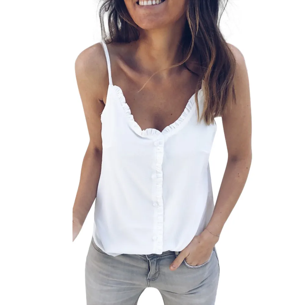 

2019 Women Strappy Ruffles V Neck Cute Summer Button Crop Tunic Blouse Top Tank korean style women t shirt Black White