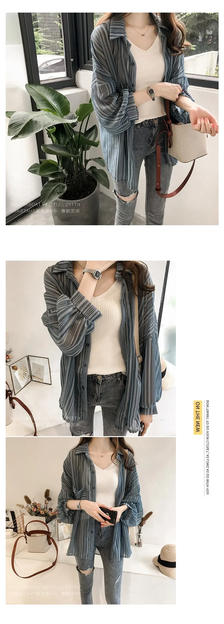 Shirts Women Chiffon Sunscreen Clothing Ladies Korean Style Top Womens Striped Blouse Outwear Loose Shirt Thin Elegant Coat Chic