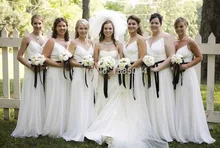 Chiffon Bridesmaid Dresses 2017 V Neck Sleeveless Spaghetti Straps Backless Floor Length Ribbon Long Bridesmaids Dresses