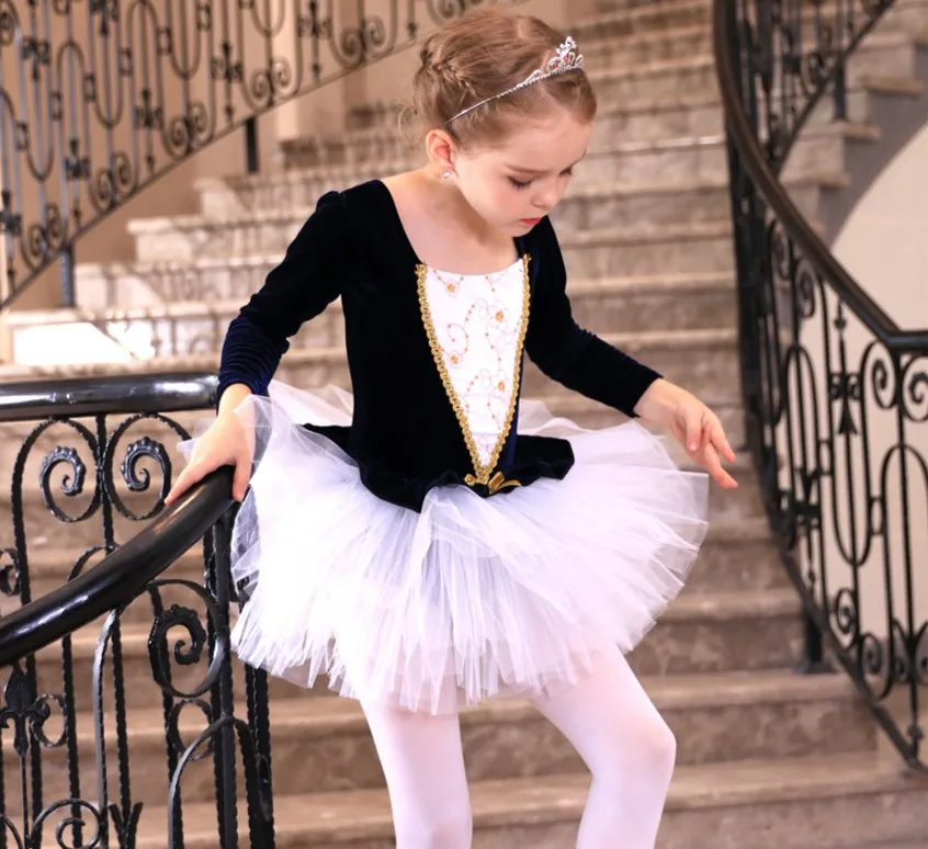 Бархатное балетное платье с длинными рукавами балетная юбка-пачка для девочек, танцевальная одежда для балерины черный/розовый костюм с Лебединым озером для девочек