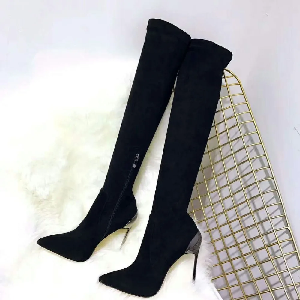 

2019 Autumn Winter Women Boots Black Stiletto Metal High Heels Thigh High Boots Fashion Knee Boots Zipper Shoes chaussures femme