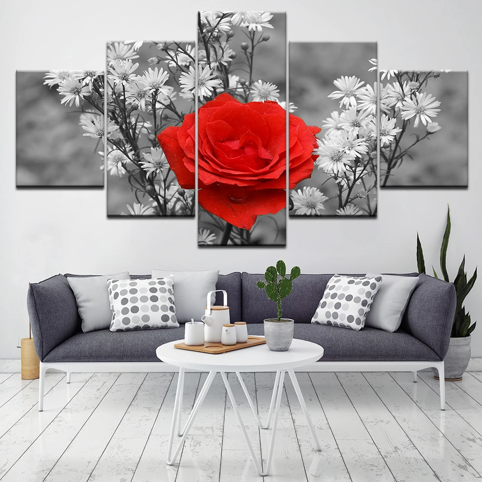 5 Panels Red Rose Framed Paintings Wall Art Canvas Picture Painting Modern Modular Living Room