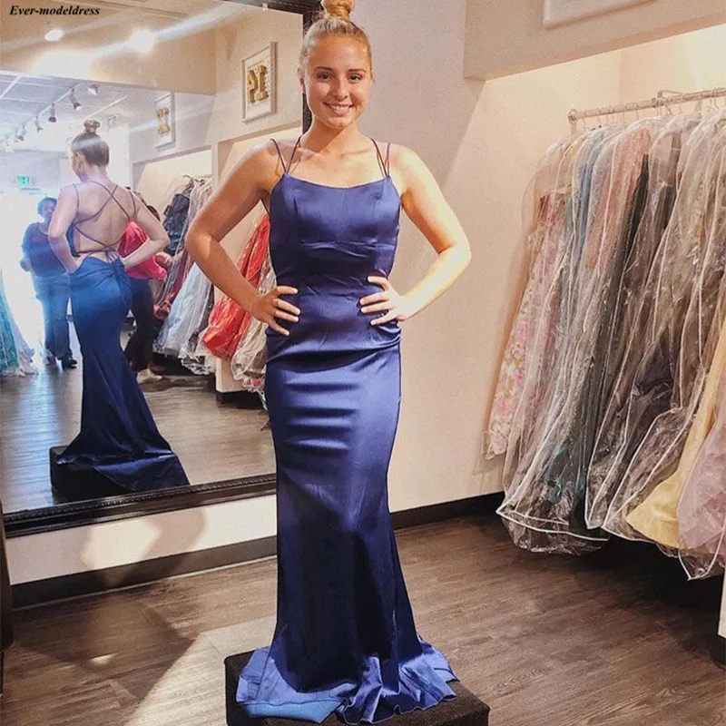

Sexy Navy Blue Mermaid Prom Dresses Spaghetti Straps Corset Back Simple Fitted Formal Party Gowns Cheap 2019 Robe Gala