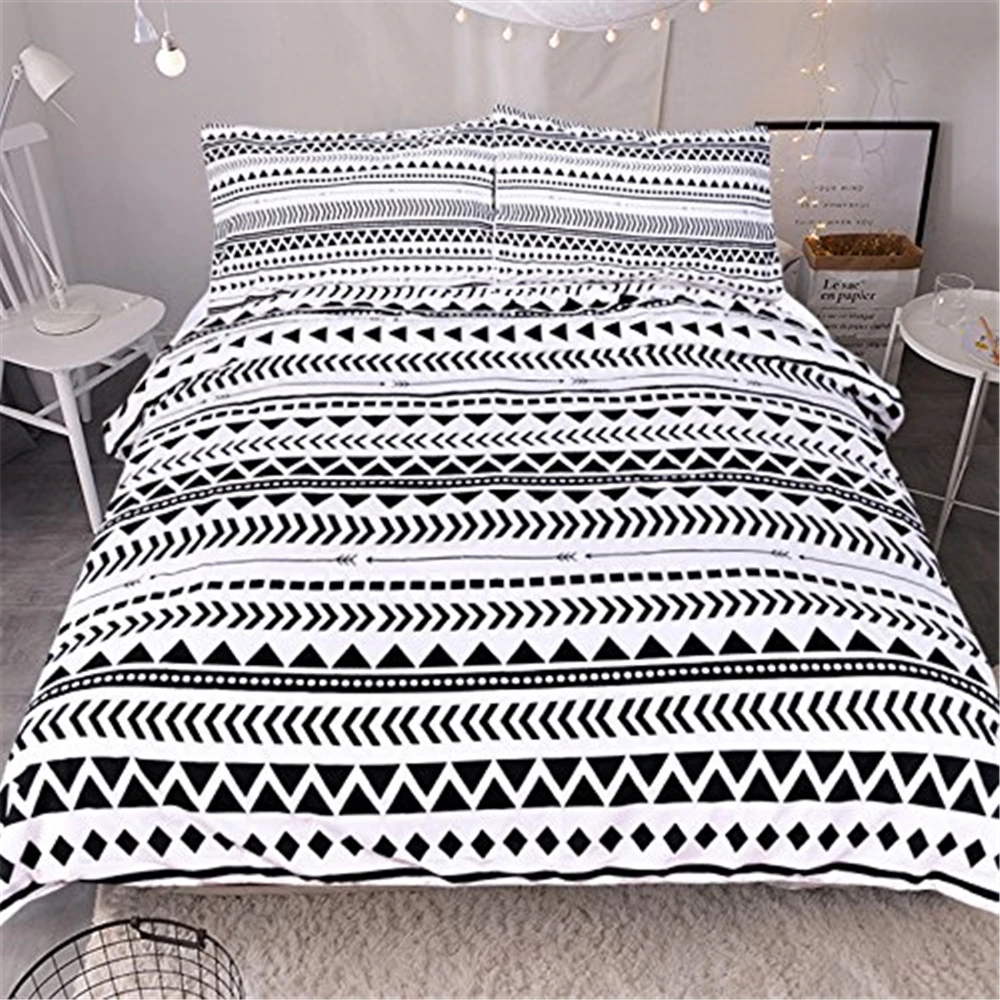 

Free shipping black white triangle stripes 3pcs bedding set no bed sheet twin full queen king size home textile