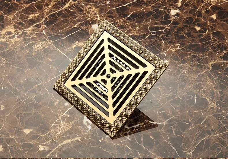 15 x 15 Square Bathroom Shower Drain Floor Drain Trap Waste Grate Antique Brass Grid Drain