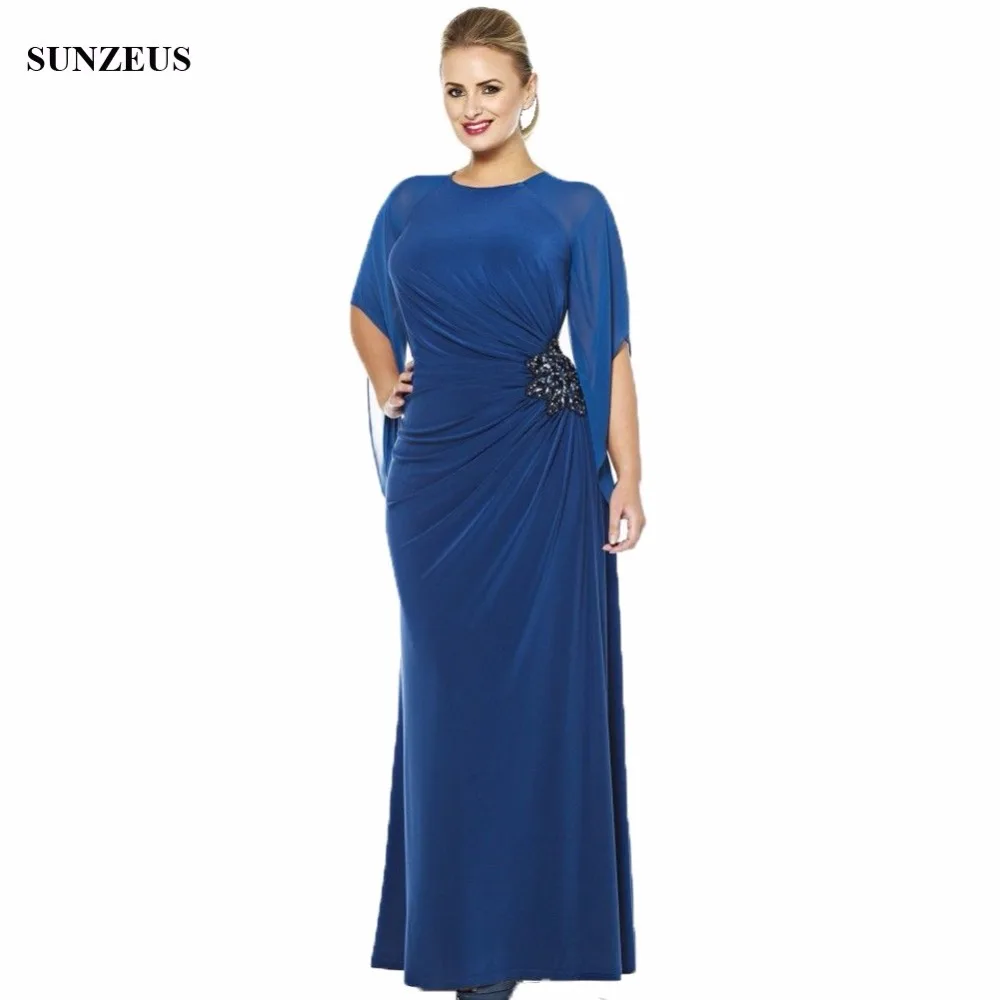 Lange Schede Moeder Van De Bruid Jurk Jewel Hals Blue Jersey Bruiloft Jurken Met Halve Mouwen CM038 Lange Schede Moeder Van De Bruid Jurk Jewel Hals Blue Jersey Bruiloft Jurken Met Halve Mouwen CM038