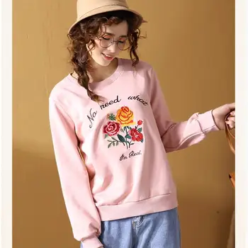 

2020 Kawaii Women Fall New Fleece Floral Embroidery No Matter What Sweatshirt Pullover Harajuku Sweatshirt Thickening Korean
