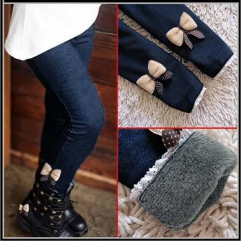 

Fashion Spring Winter Casual Girls Bow Jeans Cotton Children Skinny Cashmere Pants Autumn Kids Clothes Warm Elastic Trousers