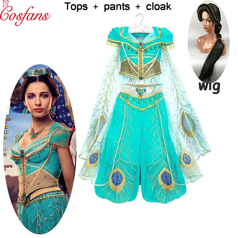 

4PCS New Movie Aladdin Jasmine Princess Cosplay Costume For Adult Women Girls Halloween Party Costume Custom Made and wig kids